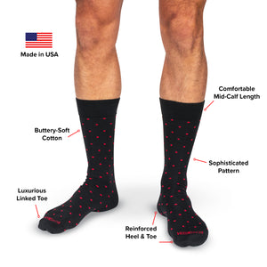 infographic detailing features of black and red polka dot dress socks