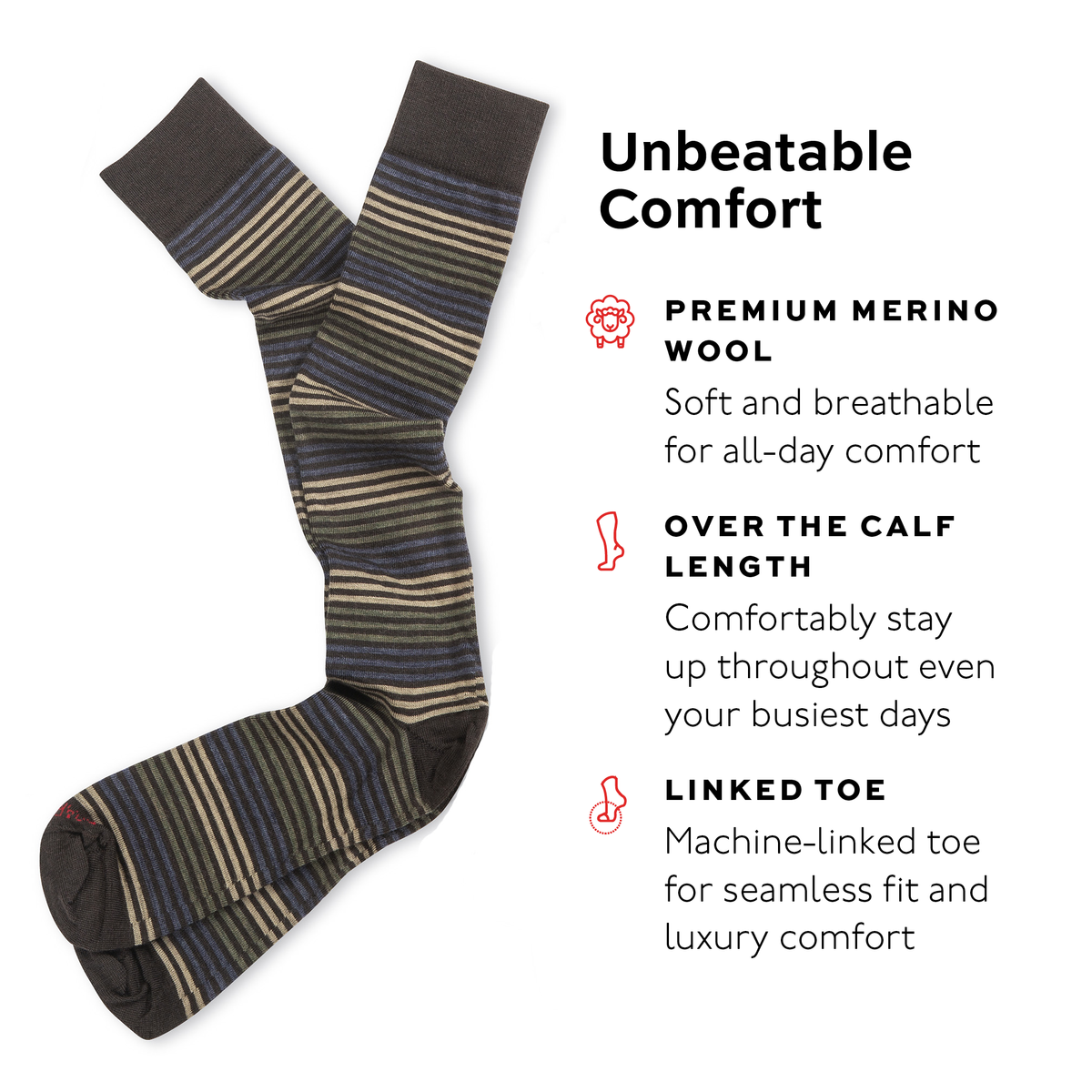 colorful brown striped dress sock with text highlighting features on a white background
