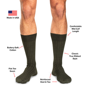 infographic showing the features and benefits of Boardroom Socks' mid-calf cotton dress socks