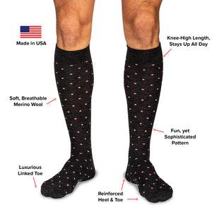 infographic detailing features and benefits of charcoal grey dress socks with pink dots