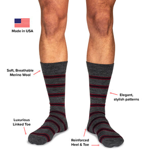 infographic detailing the features and benefits of Boardroom Socks' mid-calf patterned dress socks