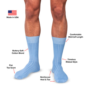 infographic detailing features and benefits of Boardroom Socks' sky blue cotton mid-calf dress socks