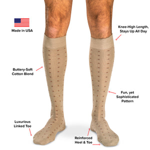 infographic detailing the features and benefits of Boardroom Socks tan over the calf dress socks
