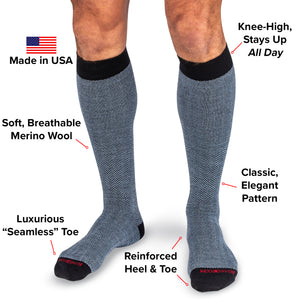 infographic detailing features of over the calf length herringbone dress socks for men