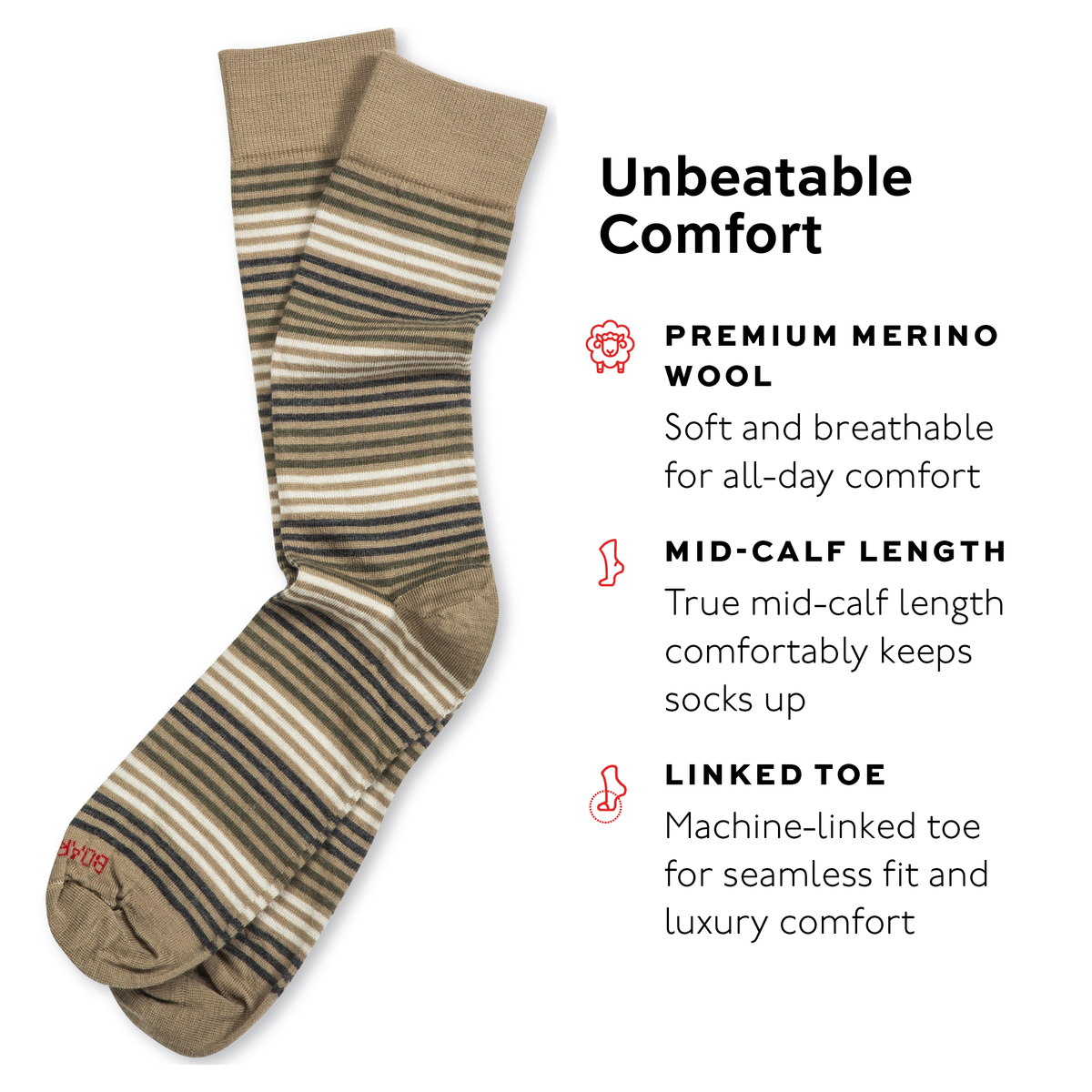striped khaki dress sock with text highlighting features on a white background