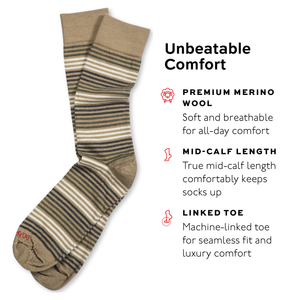 striped khaki dress sock with text highlighting features on a white background