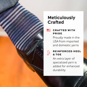 close-up of a horizontal striped dress sock with text overlay about sock craftsmanship and durability