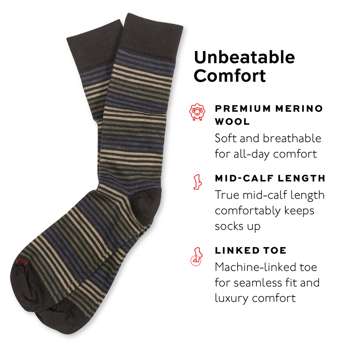 striped dress socks with text highlighting features on a white background
