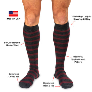 infographic detailing features and benefits of striped over the calf dress socks from Boardroom Socks