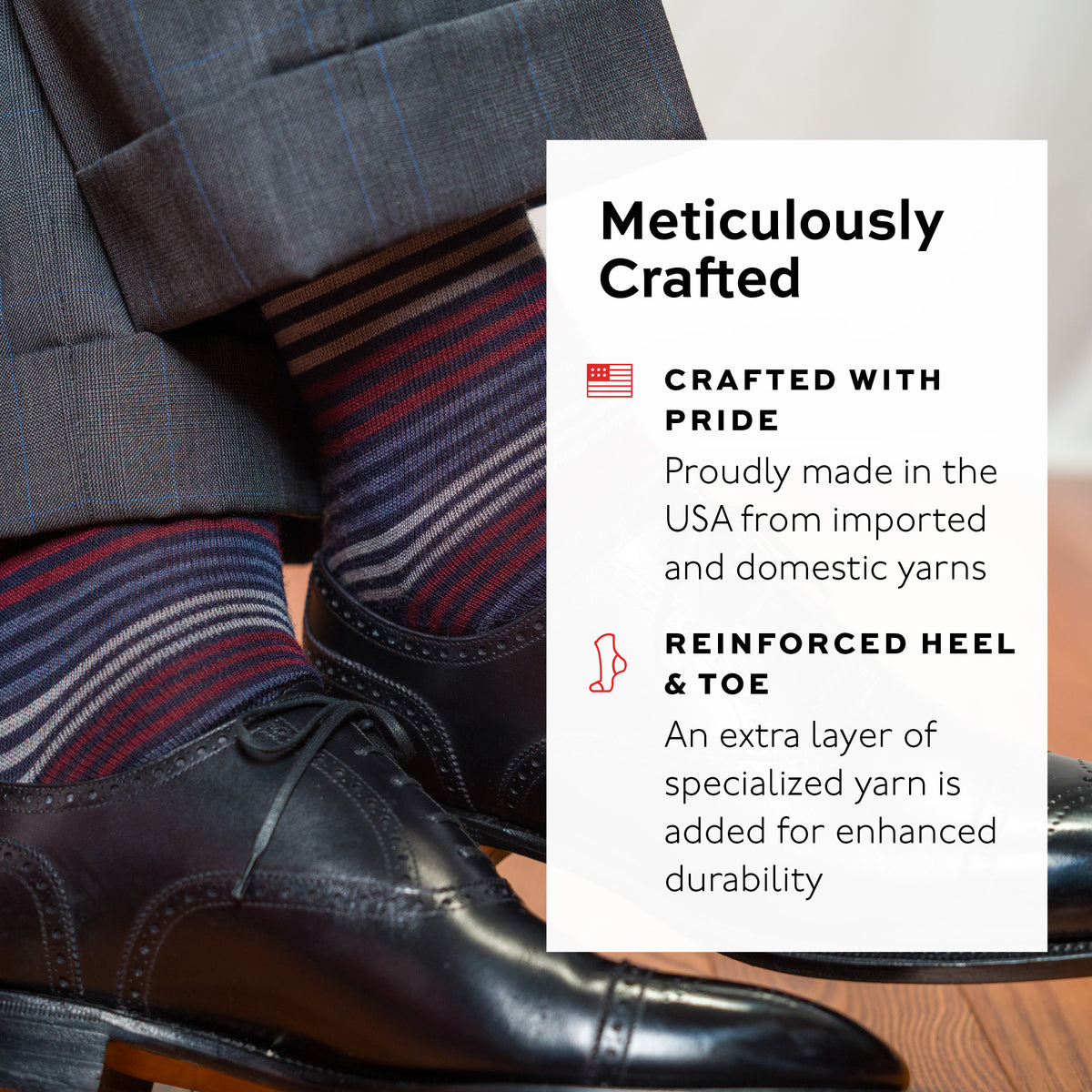 colorful striped dress socks worn with a suit and black dress shoes, featuring text overlay about craftsmanship and durability