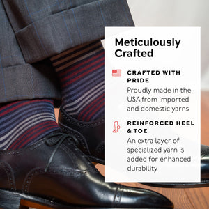 colorful striped dress socks worn with a suit and black dress shoes, featuring text overlay about craftsmanship and durability