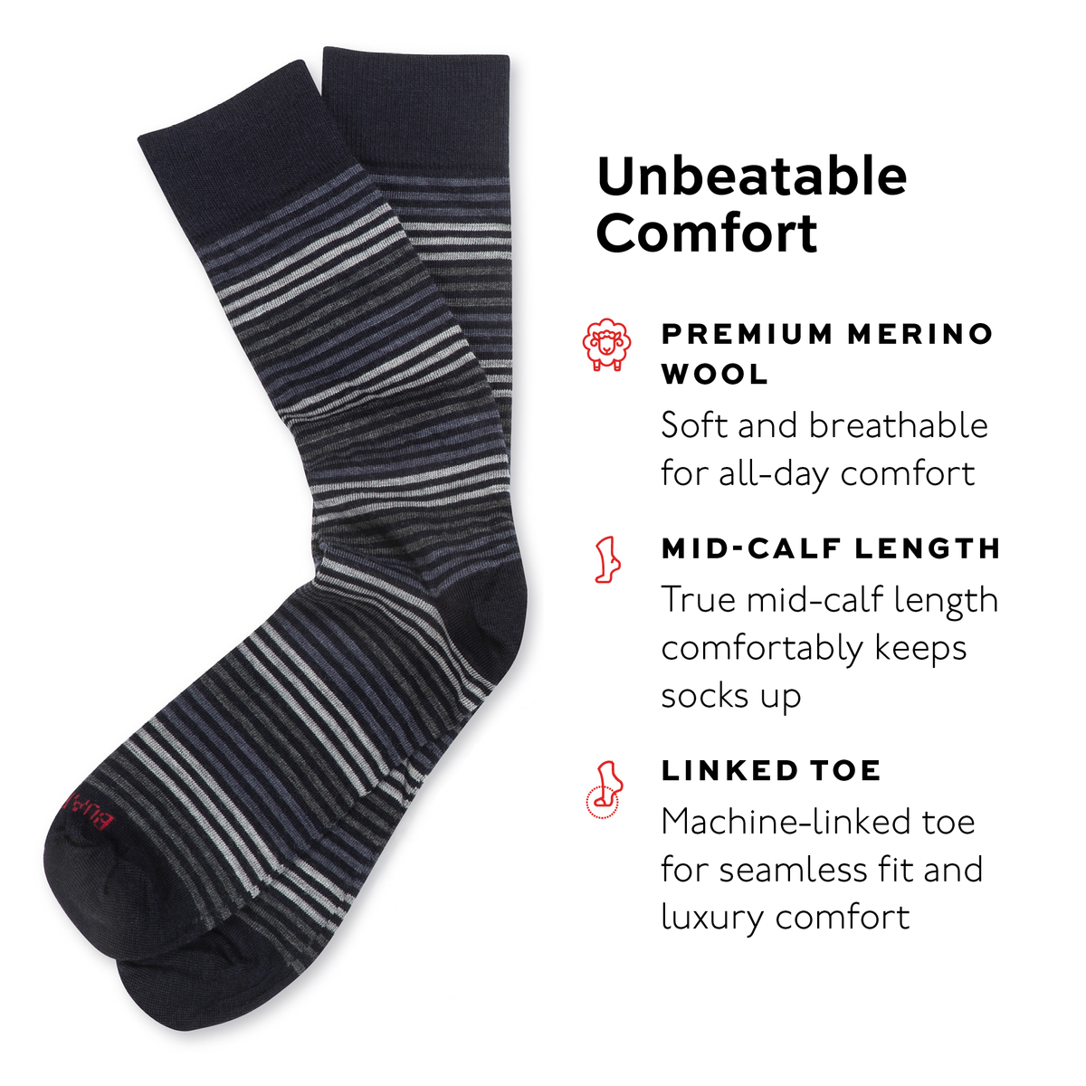 pair of navy and grey striped dress socks with text highlighting features on a white background
