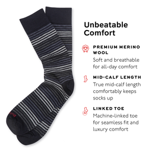 pair of navy and grey striped dress socks with text highlighting features on a white background