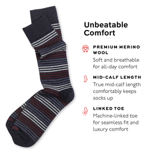 colorful striped dress socks with text highlighting features on a white background
