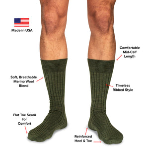 infographic detailing features and benefits of olive wool mid-calf dress socks