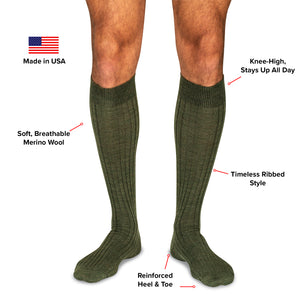 infographic detailing features and benefits of Boardroom Socks' olive green over the calf dress socks