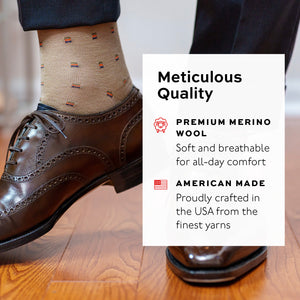 infographic discussing the merino wool dress socks made in USA superimposed over photo of man wearing khaki patterned socks with brown wingtips