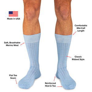 infographic detailing features and benefits of Boardroom Socks' sky blue merino wool dress socks