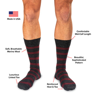 infographic showing features and benefits of striped merino wool dress socks from Boardroom Socks