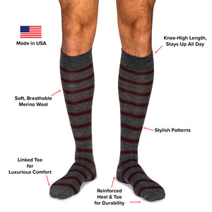infographic detailing the features and benefits of Boardroom Socks' over the calf patterned dress socks
