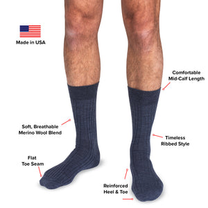 infographic showing features of blue heather wool dress socks