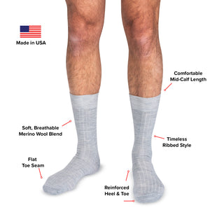 infographic detailing features of light grey heather merino wool dress socks