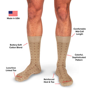 infographic showing Boardroom Socks' patterned cotton dress socks details