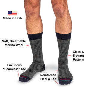 infographic detailing features and benefits of olive and navy houndstooth dress socks