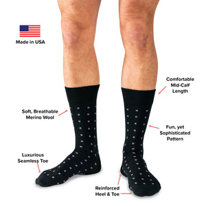 infographic detailing features and benefits of mid-calf patterned dress socks from Boardroom Socks