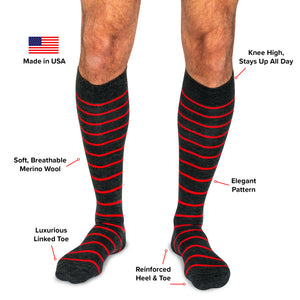 dark grey and bright red striped over the calf dress socks infographic