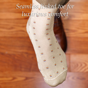 khaki patterned dress socks with seamless toe