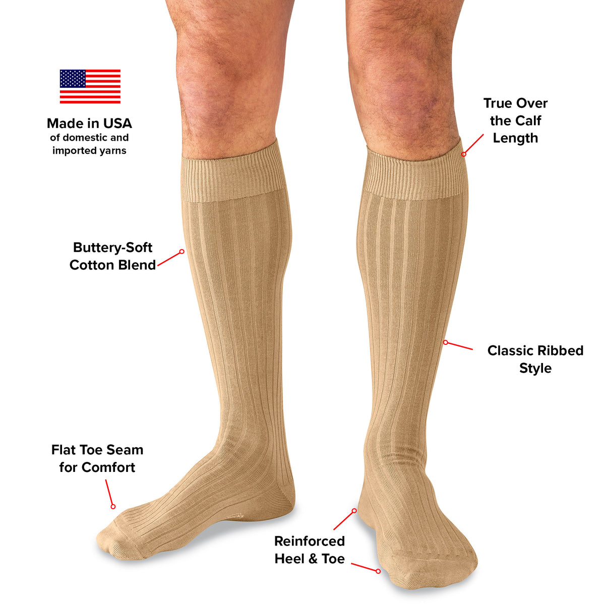 infographic detailing features and benefits of khaki cotton over the calf dress socks from Boardroom Socks
