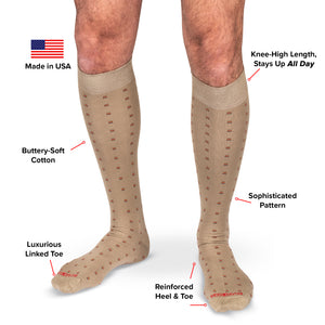 khaki cotton over the calf patterned dress socks infographic