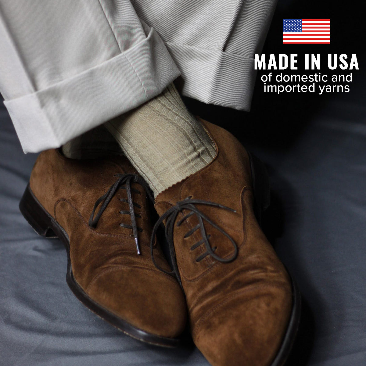 khaki wool dress socks paired with light khaki slacks and brown derbies