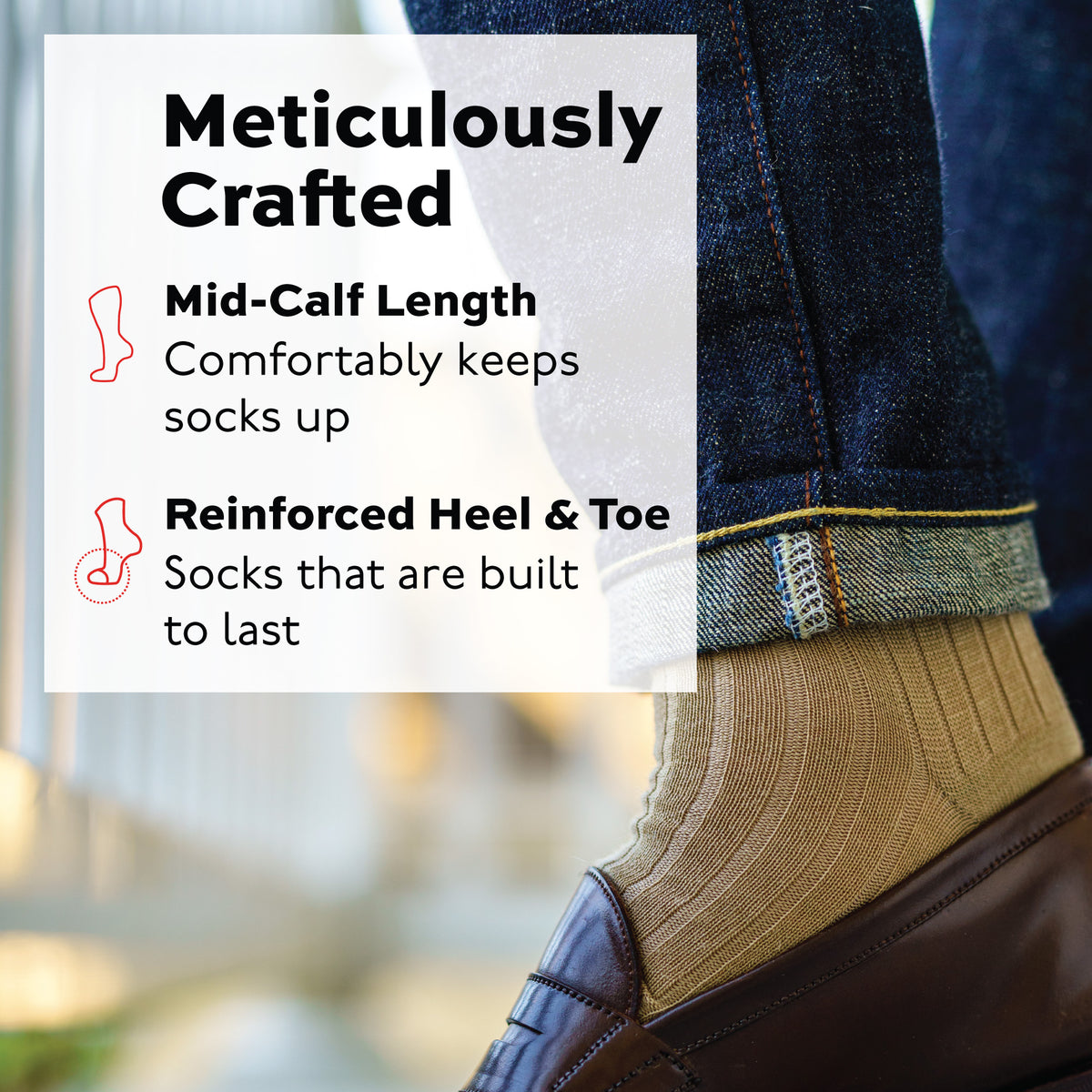 close up image of man standing on a porch wearing jeans and Khaki Cotton Mid Calf Dress Socks