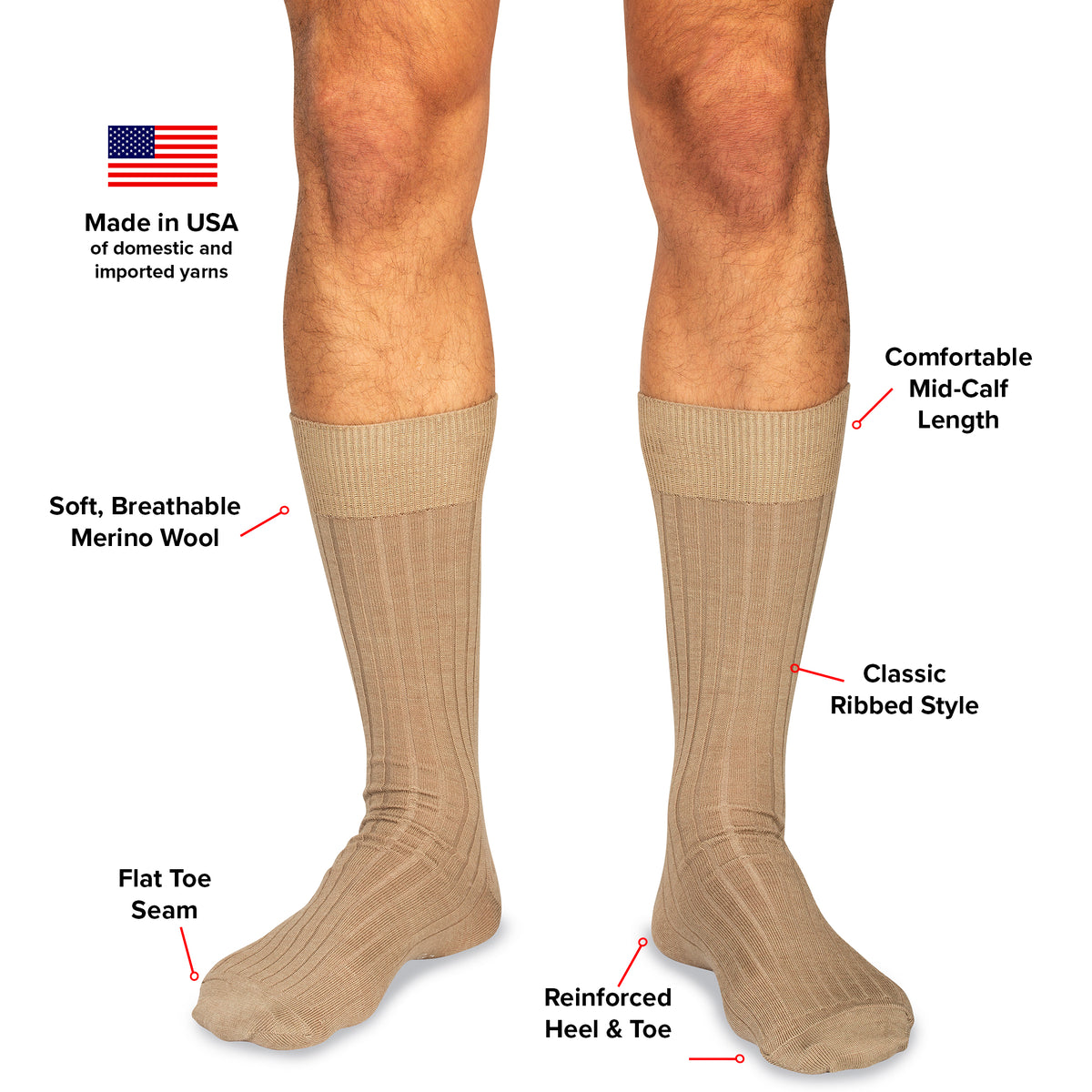 infographic detailing features and benefits of khaki wool dress socks from Boardroom Socks