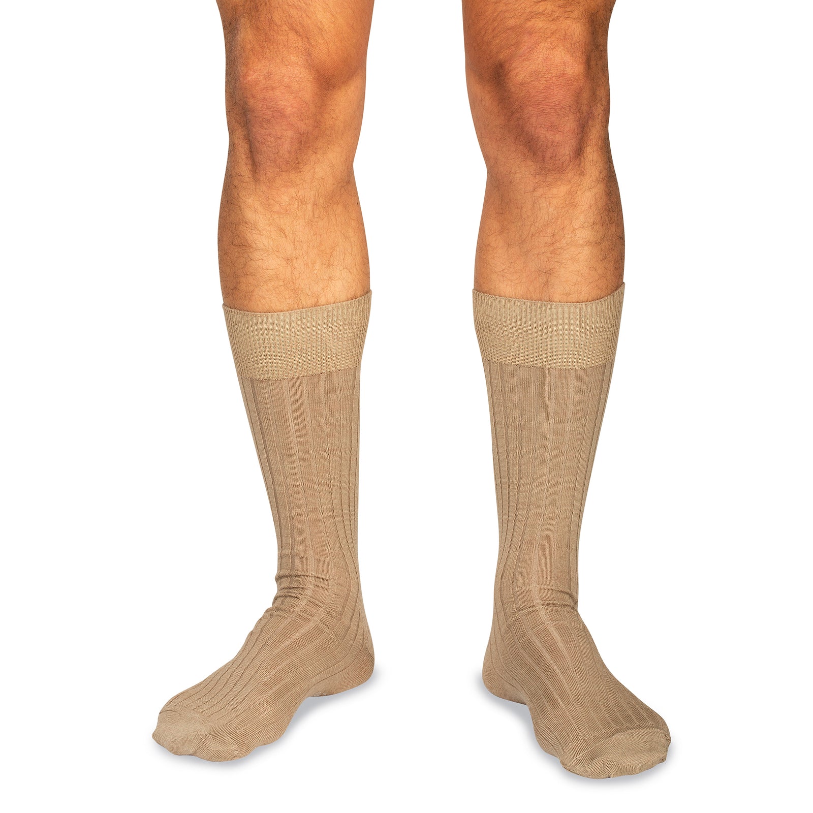 model wearing khaki wool dress socks