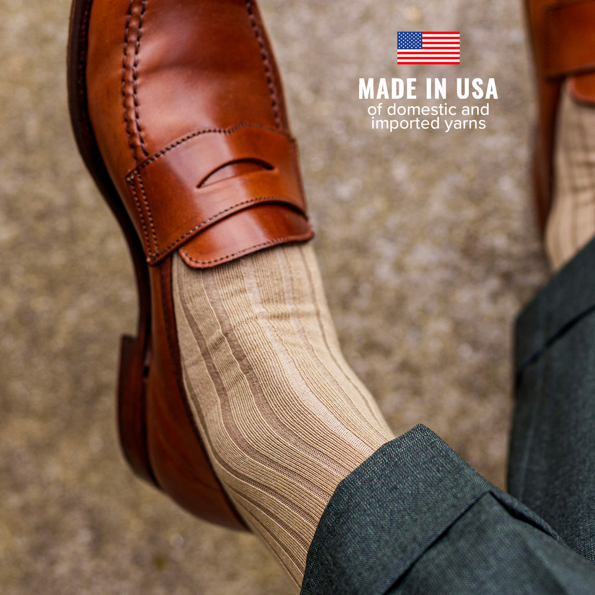 khaki merino wool dress with brown penny loafers and dark green slacks