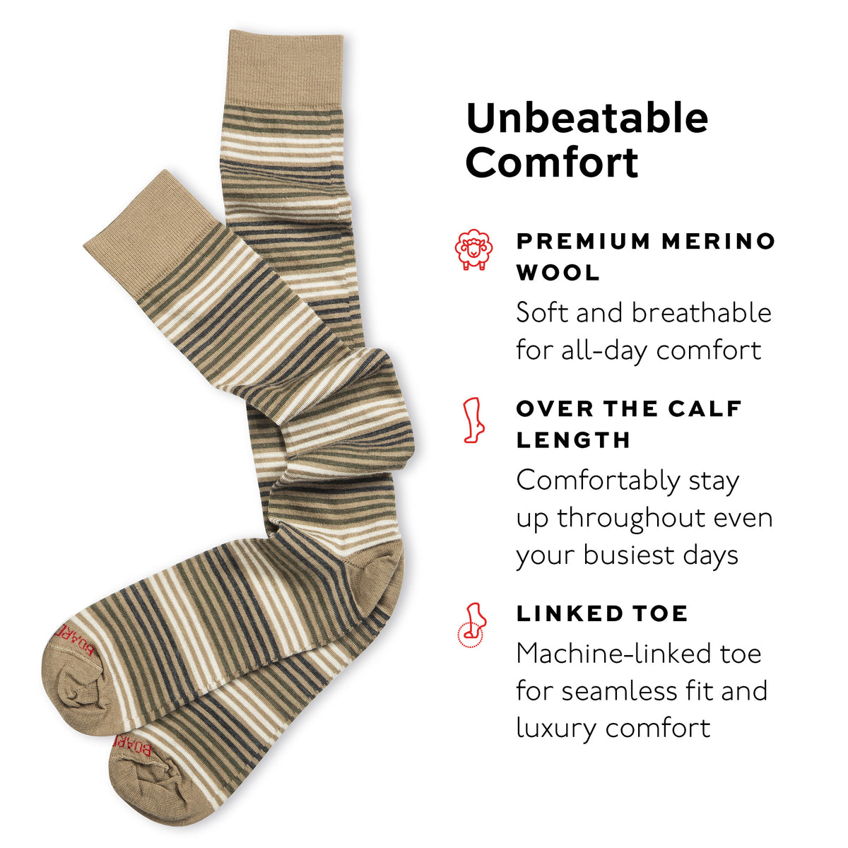 tan striped dress socks with text highlighting comfort features on a white background
