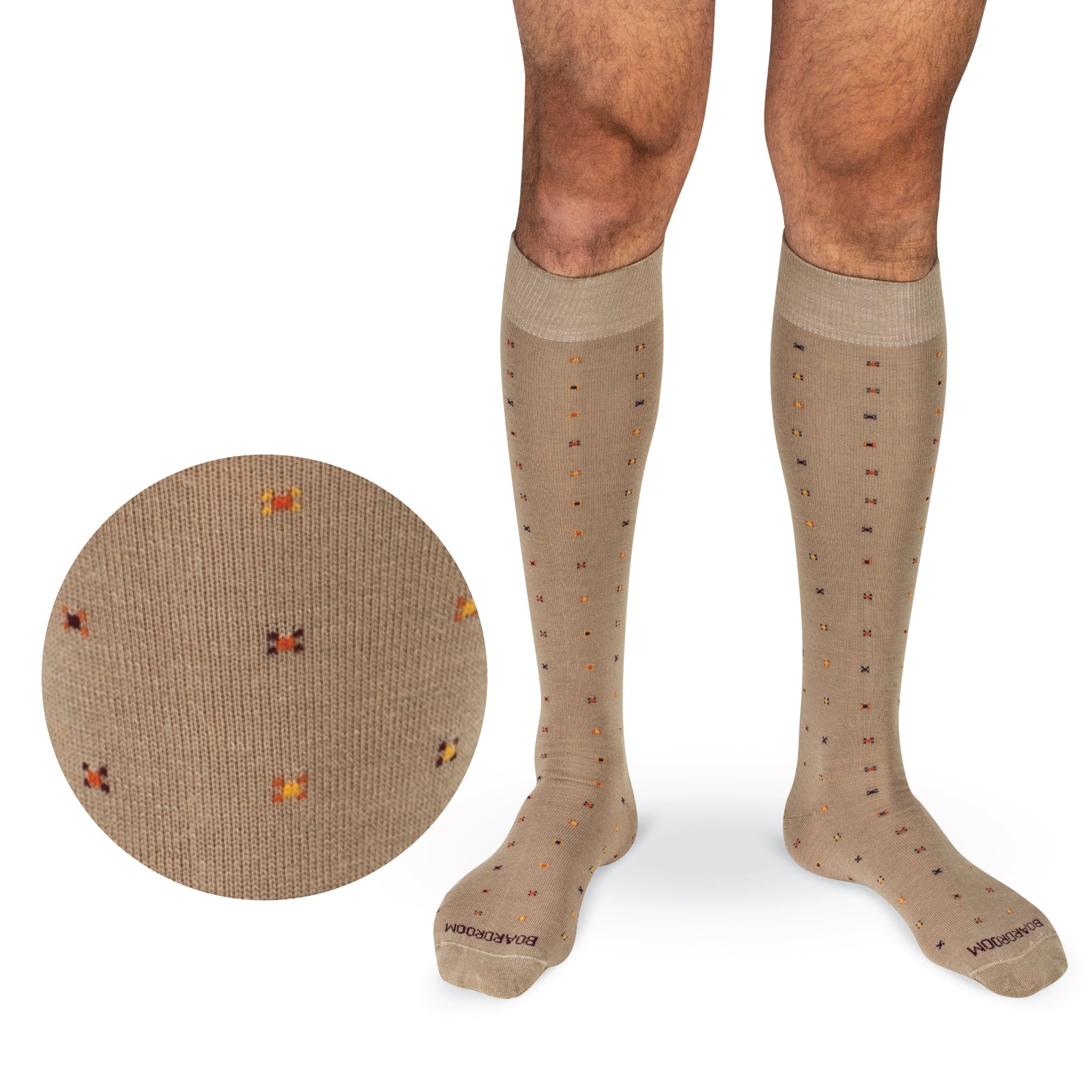 man wearing Khaki Geometric Merino Wool Over the Calf Dress Socks on white  background