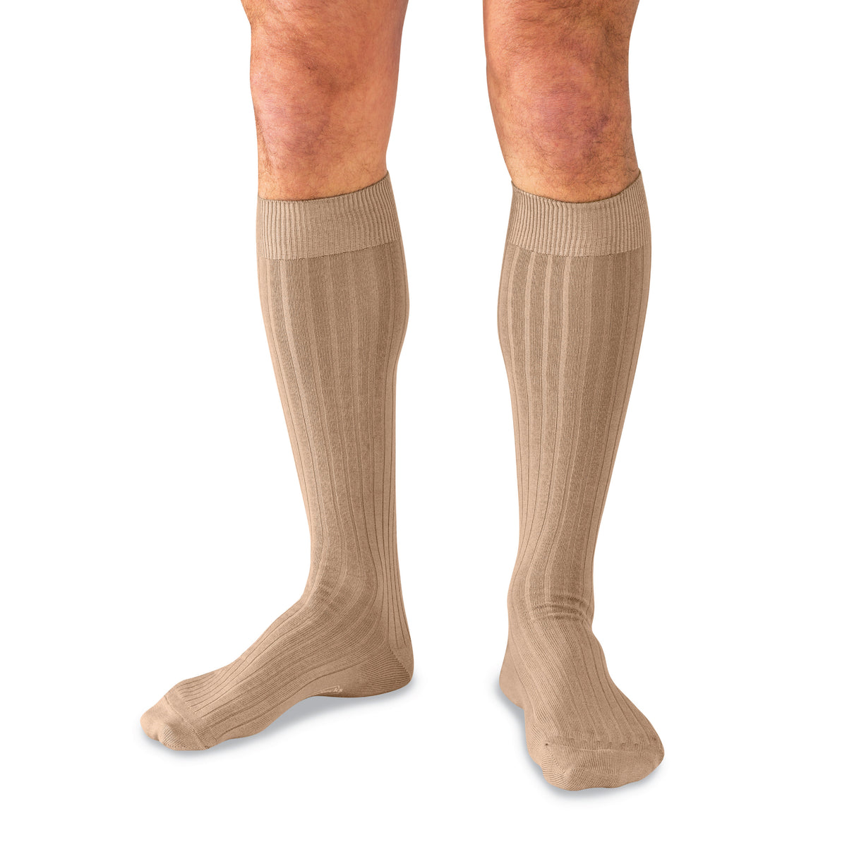 model wearing Khaki Cotton Over the Calf Dress Socks on a white background