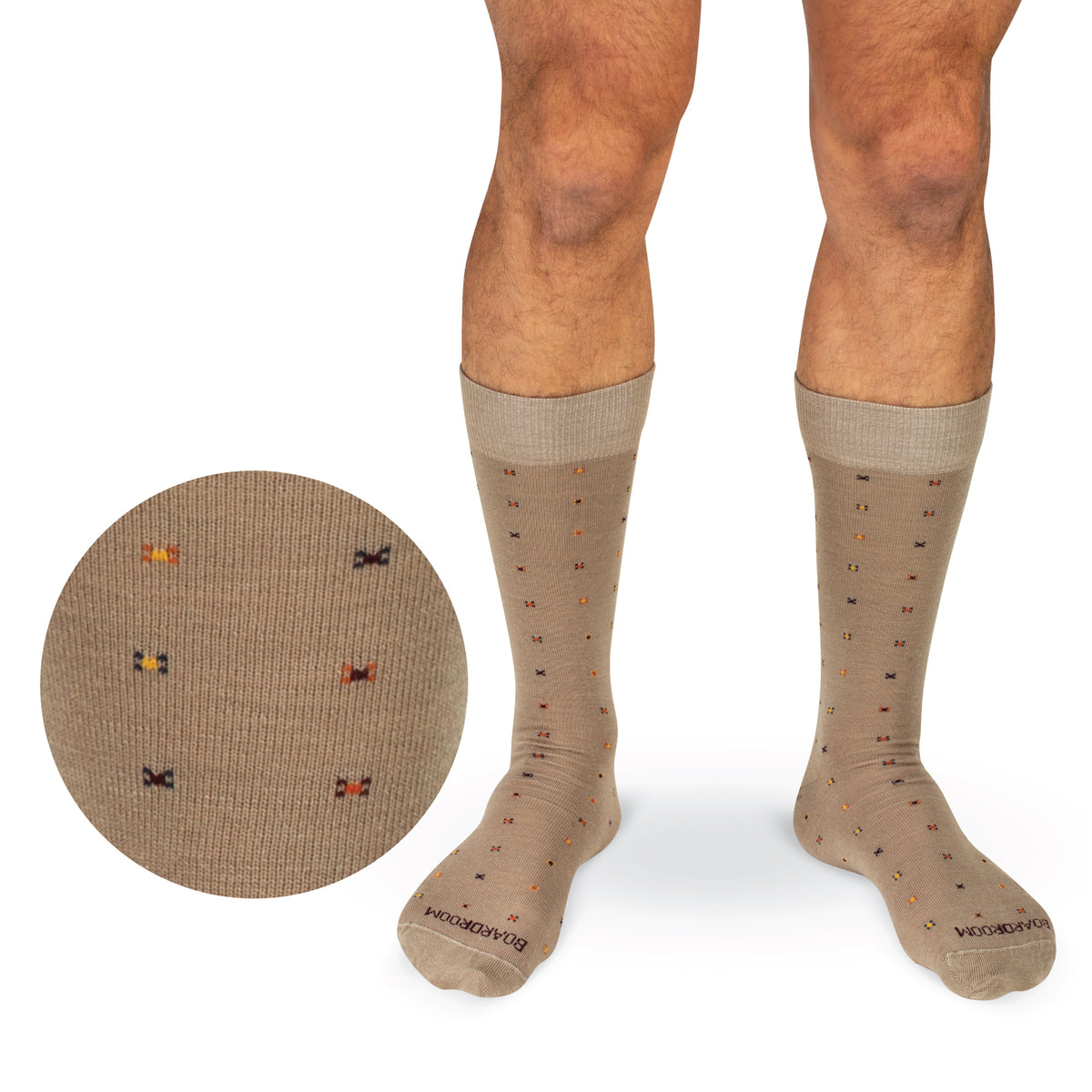 standing model wearing Khaki Geometric Merino Wool Mid-Calf Dress Socks on white background