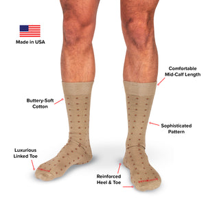 infographic detailing features and benefits of patterned khaki cotton dress socks