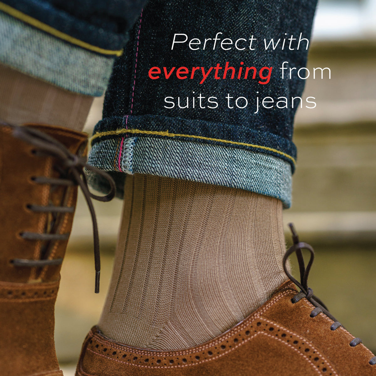 very close up image of man wearing jeans, nice shoes and Khaki Cotton Over the Calf Dress Socks