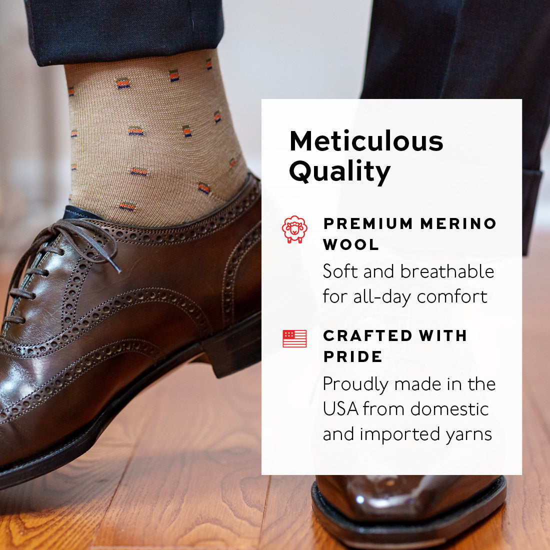 infographic detailing features and benefits of merino wool dress socks from Boardroom Socks