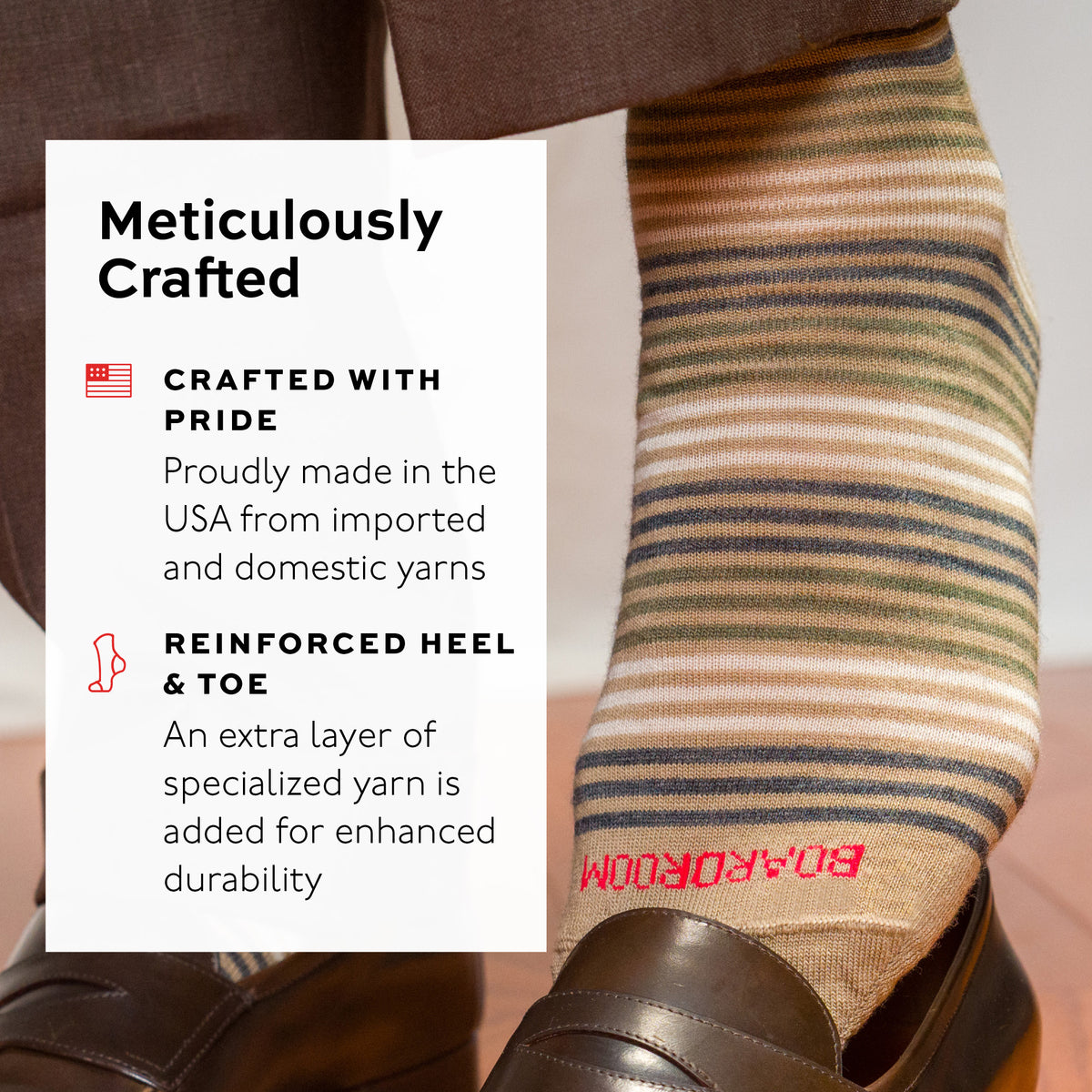tan striped dress socks with text about craftsmanship and durability, worn with brown slacks and penny loafers