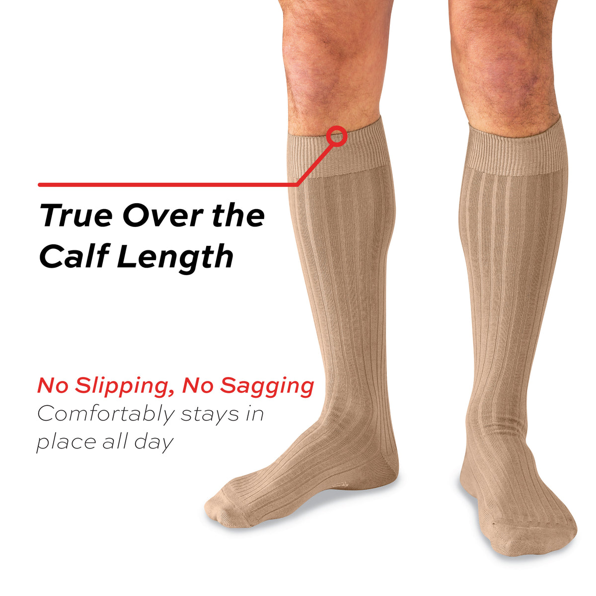 model wearing Khaki Cotton Over the Calf Dress Socks with a "true over the calf length" call out