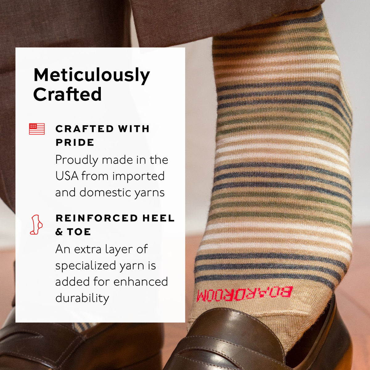 tan striped dress sock with text about craftsmanship and durability