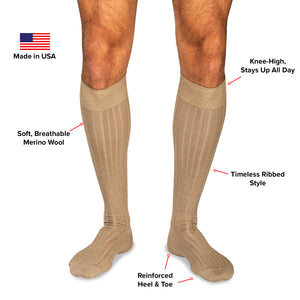 infographic detailing the features and benefits of Boardroom Socks' khaki wool over the calf dress socks