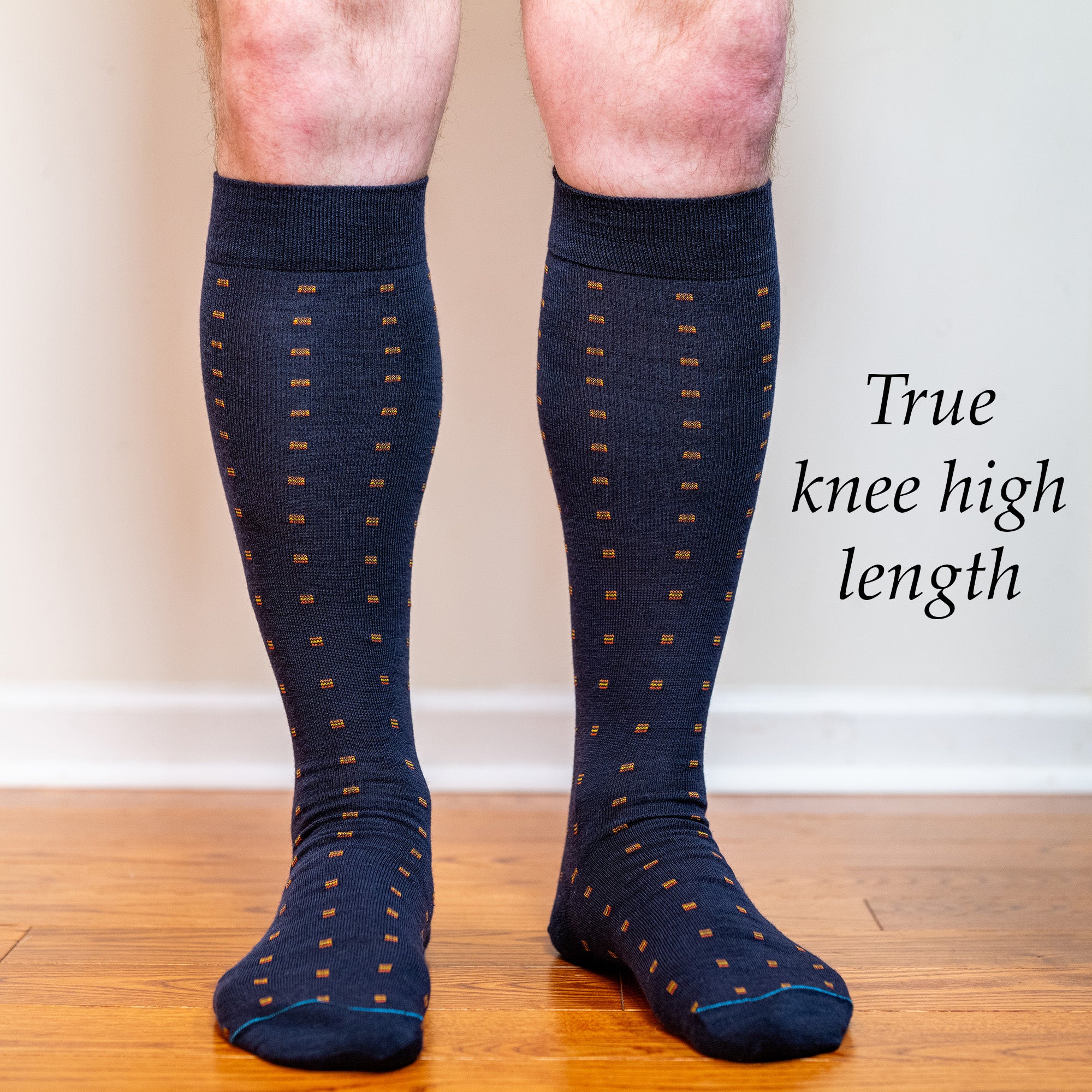 Orange Square Knots on Navy Merino Wool Over the Calf Dress Socks | Boardroom Socks Orange Square Knots on Navy Merino Wool Over the Calf Dress Socks | Boardroom Socks